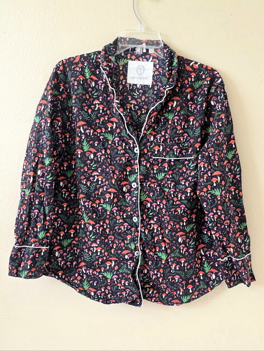 Print Fresh Toadstools Mushroom Organic Cotton Long Sleeve Pajama Top - Size S
